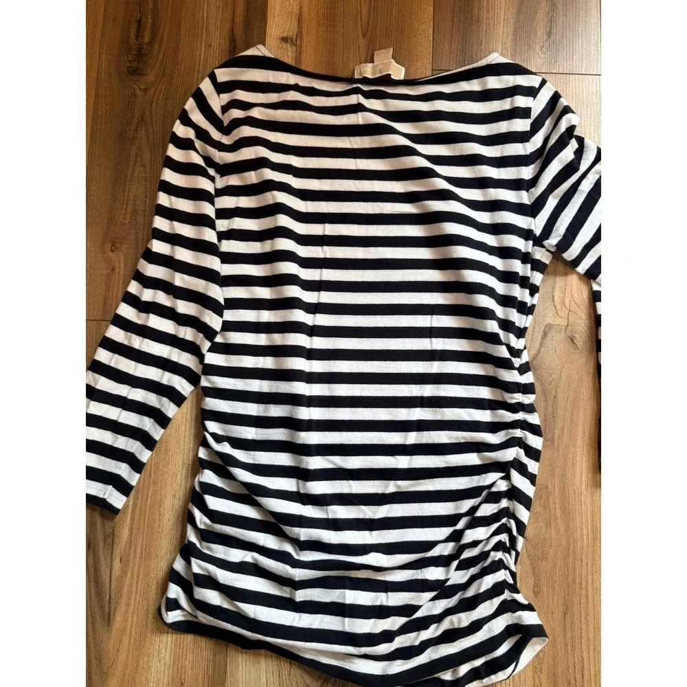 Michael Kors Black White Striped Shirt Women's Small Zip Roushing Stretch